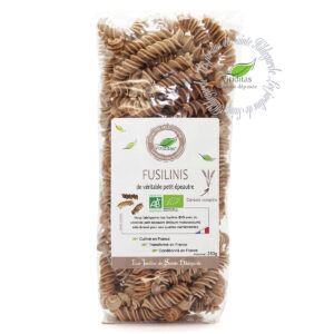 pâtes fusilinis de véritable petit épeautre (engrain) bio en 250g. Non croisé avec du blé (non hybridé). Idem Label Hertzka. Triticum Monococcum Origine France. Recommandé par sainte Hildegarde de Bingen