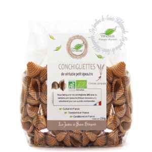 pâtes conchigliettes de véritable petit épeautre (engrain) bio en 250g. Non croisé avec du blé (non hybridé). Idem Label Hertzka. Triticum Monococcum Origine France. Recommandé par sainte Hildegarde de Bingen